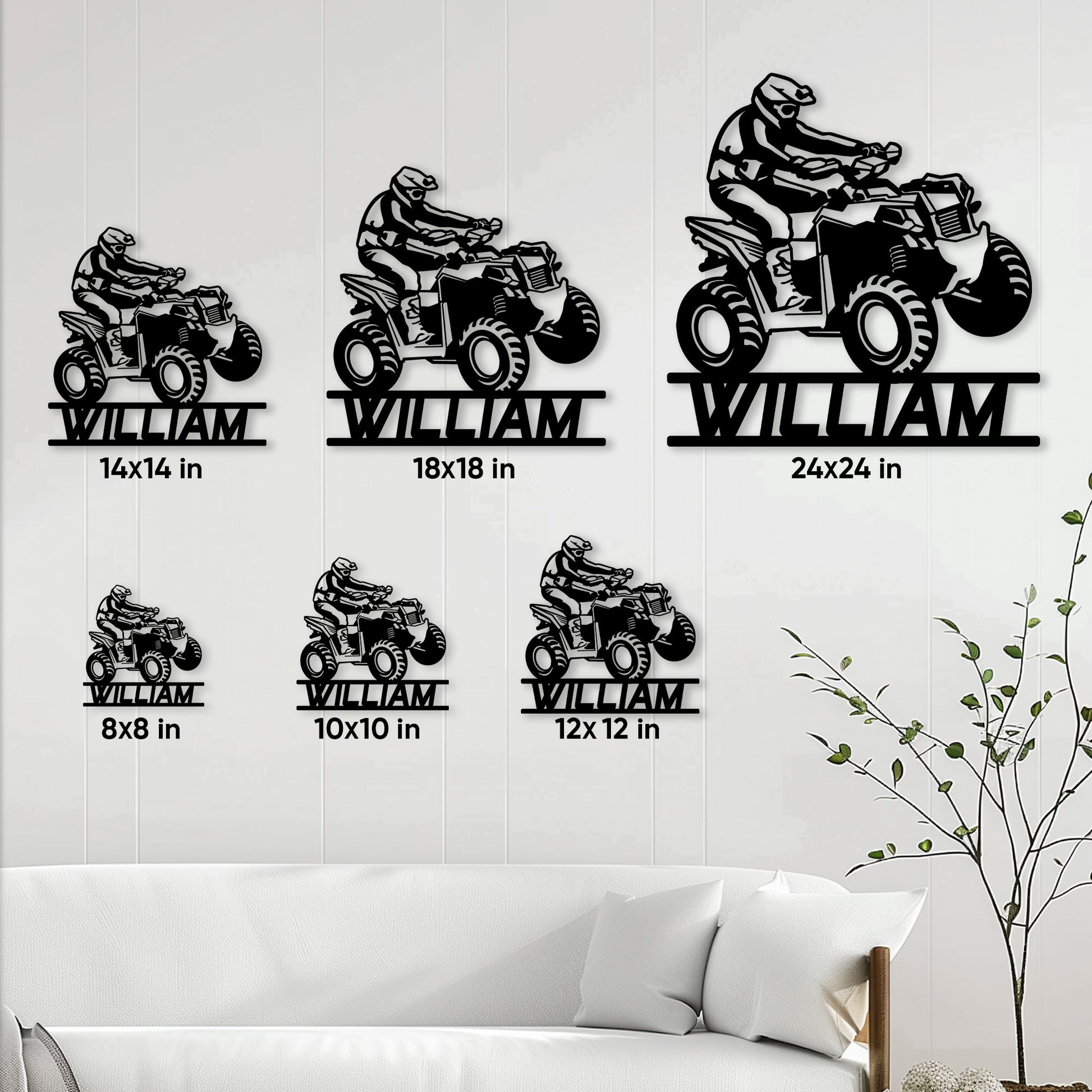 ATV rider metal sign size guide showing multiple square size options