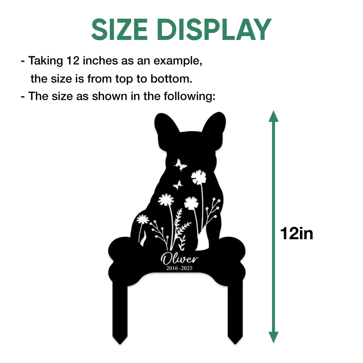 French Bulldog memorial sign size display guide showing the overall height measurement from top to bottom