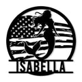 Mermaid silhouette metal sign with an American flag design and circular frame