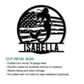 Patriotic mermaid cut metal sign shown with product feature information