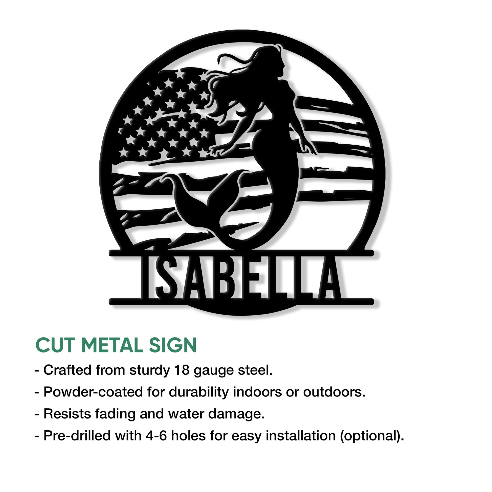 Patriotic mermaid cut metal sign shown with product feature information