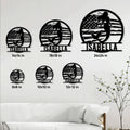 Patriotic mermaid metal sign shown in multiple size options on a living room wall