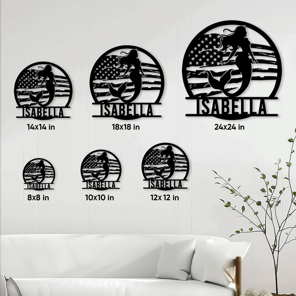 Patriotic mermaid metal sign shown in multiple size options on a living room wall