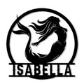 Black metal sign featuring a flowing mermaid silhouette inside a circular frame