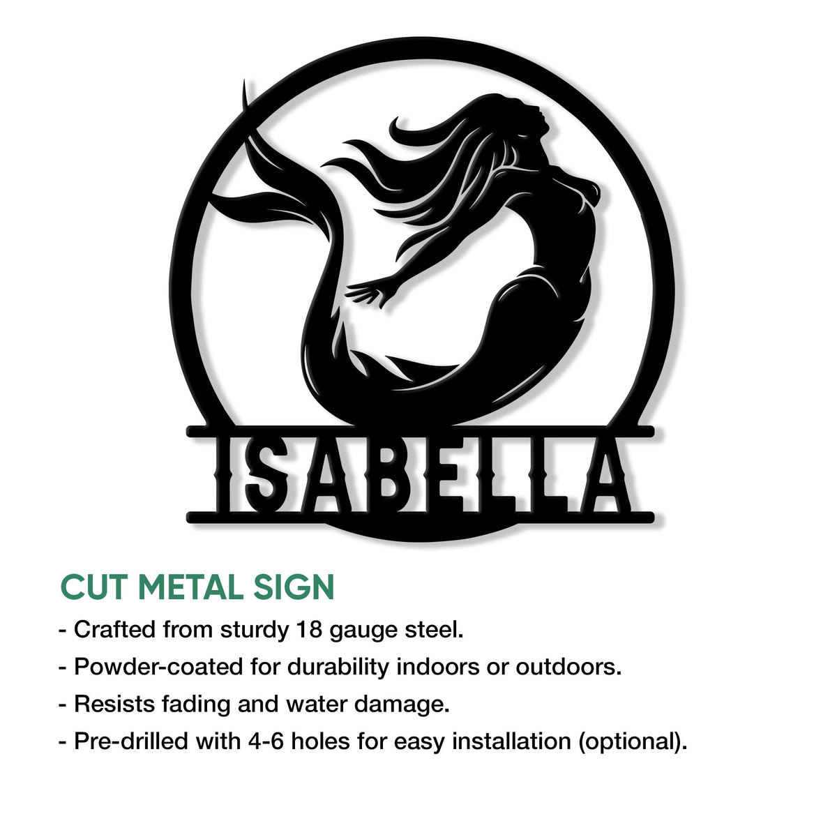 Mermaid metal sign shown with cut-metal construction and an elegant circular silhouette design