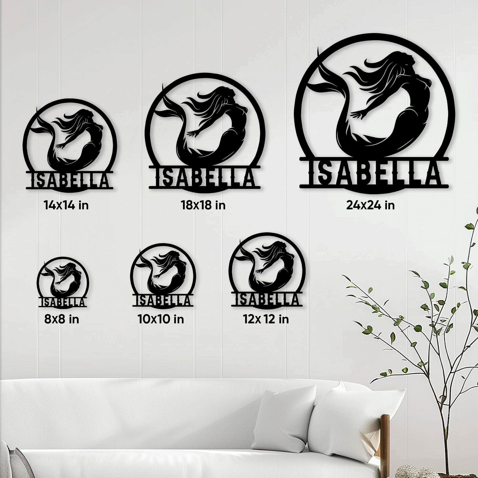 Mermaid metal sign size guide showing available square dimensions from 8 by 8 to 24 by 24 inches