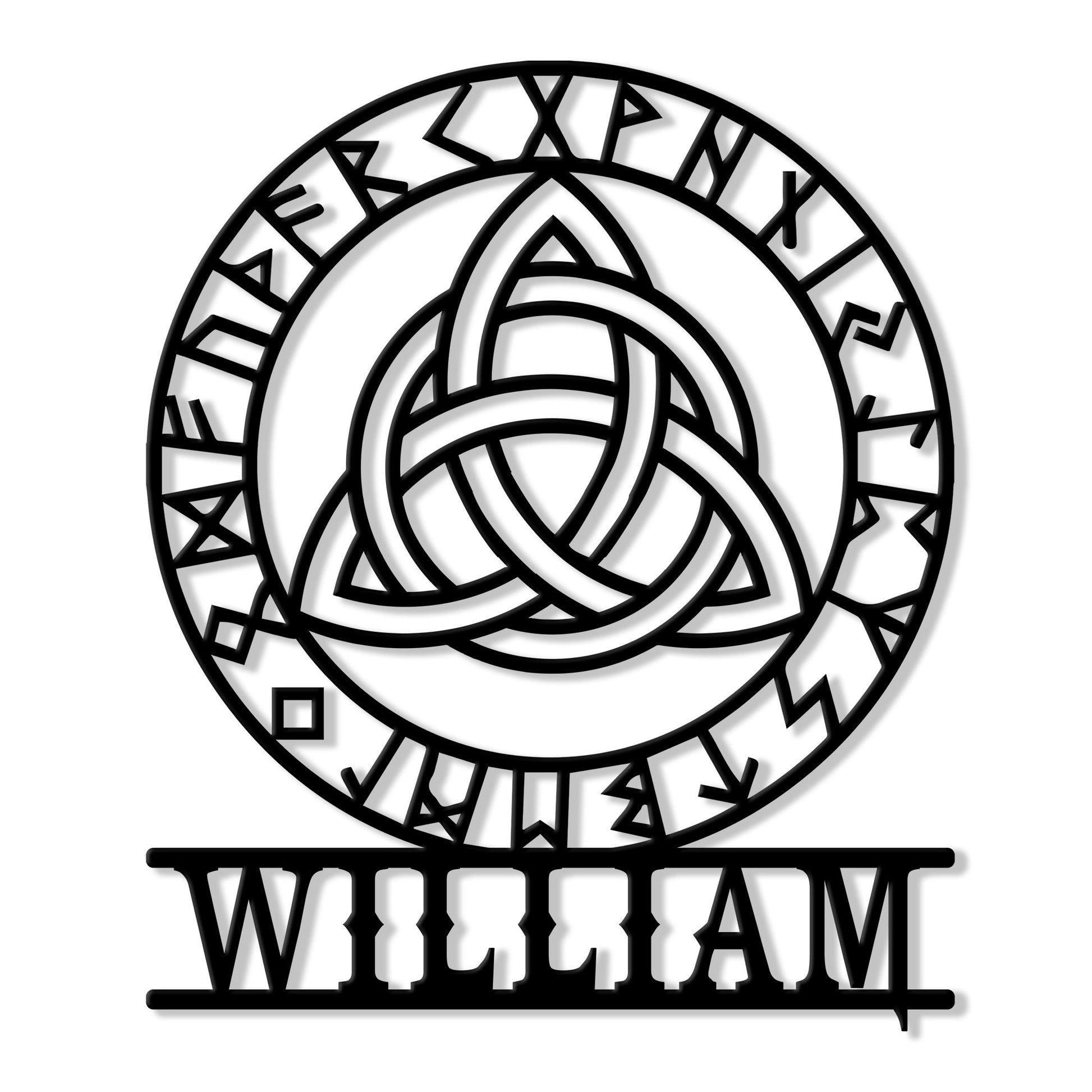 Custom Viking metal sign featuring a circular Norse rune border and interwoven triquetra knotwork