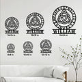 Viking knotwork metal sign size guide showing several available square dimensions on a living room wall