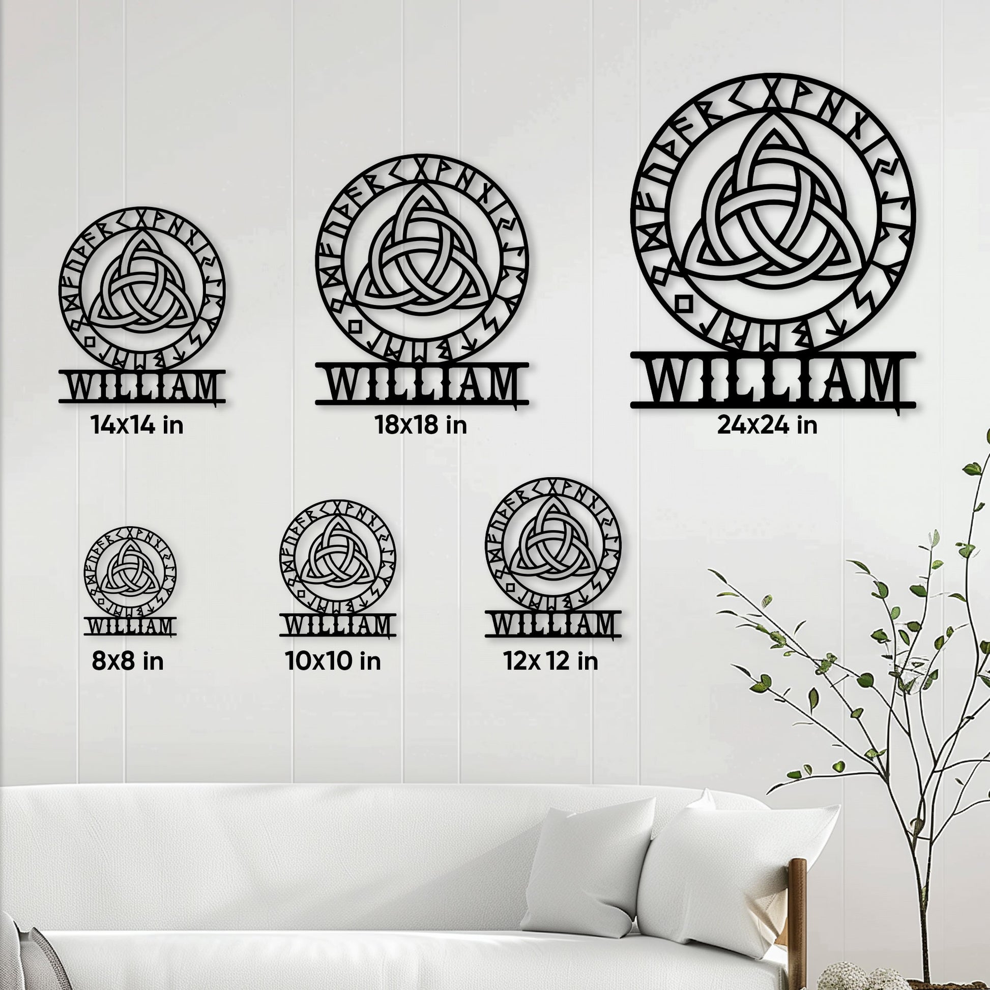 Viking knotwork metal sign size guide showing several available square dimensions on a living room wall