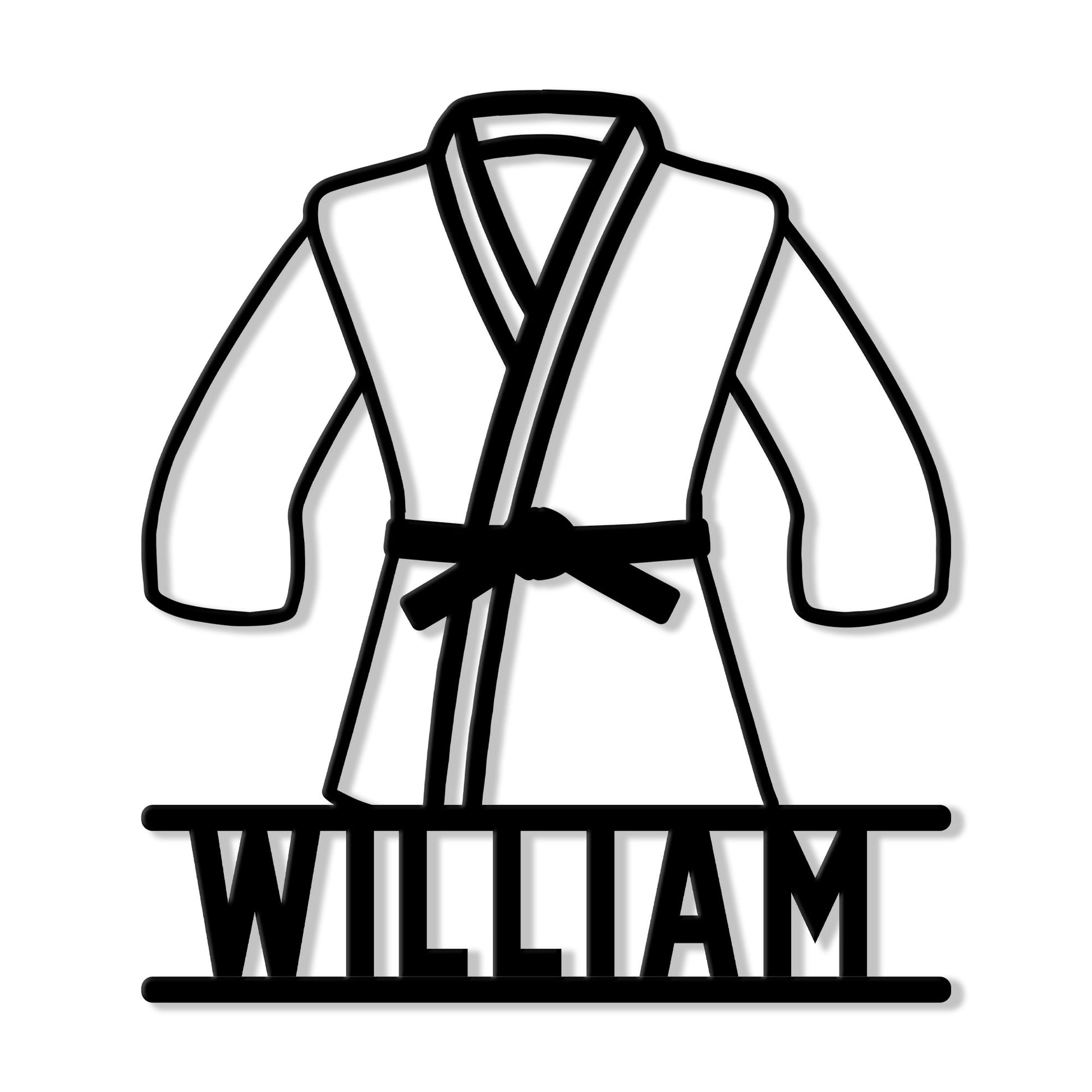 Black metal sign featuring a Brazilian jiu jitsu gi and tied belt silhouette