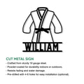 Brazilian jiu jitsu gi metal sign shown with product feature details
