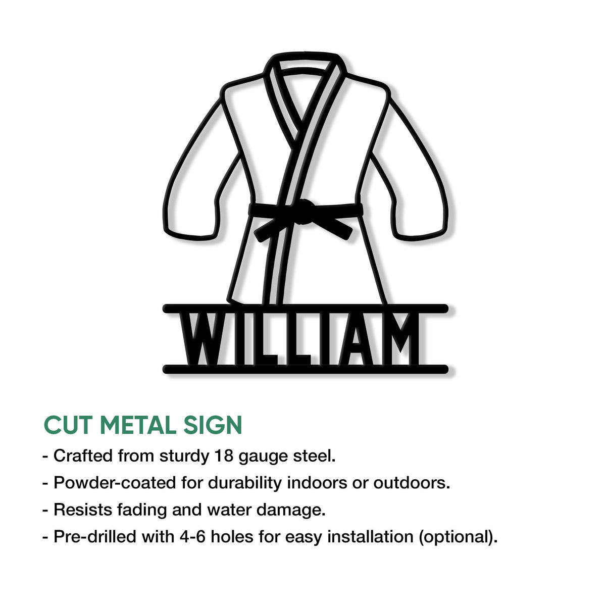 Brazilian jiu jitsu gi metal sign shown with product feature details