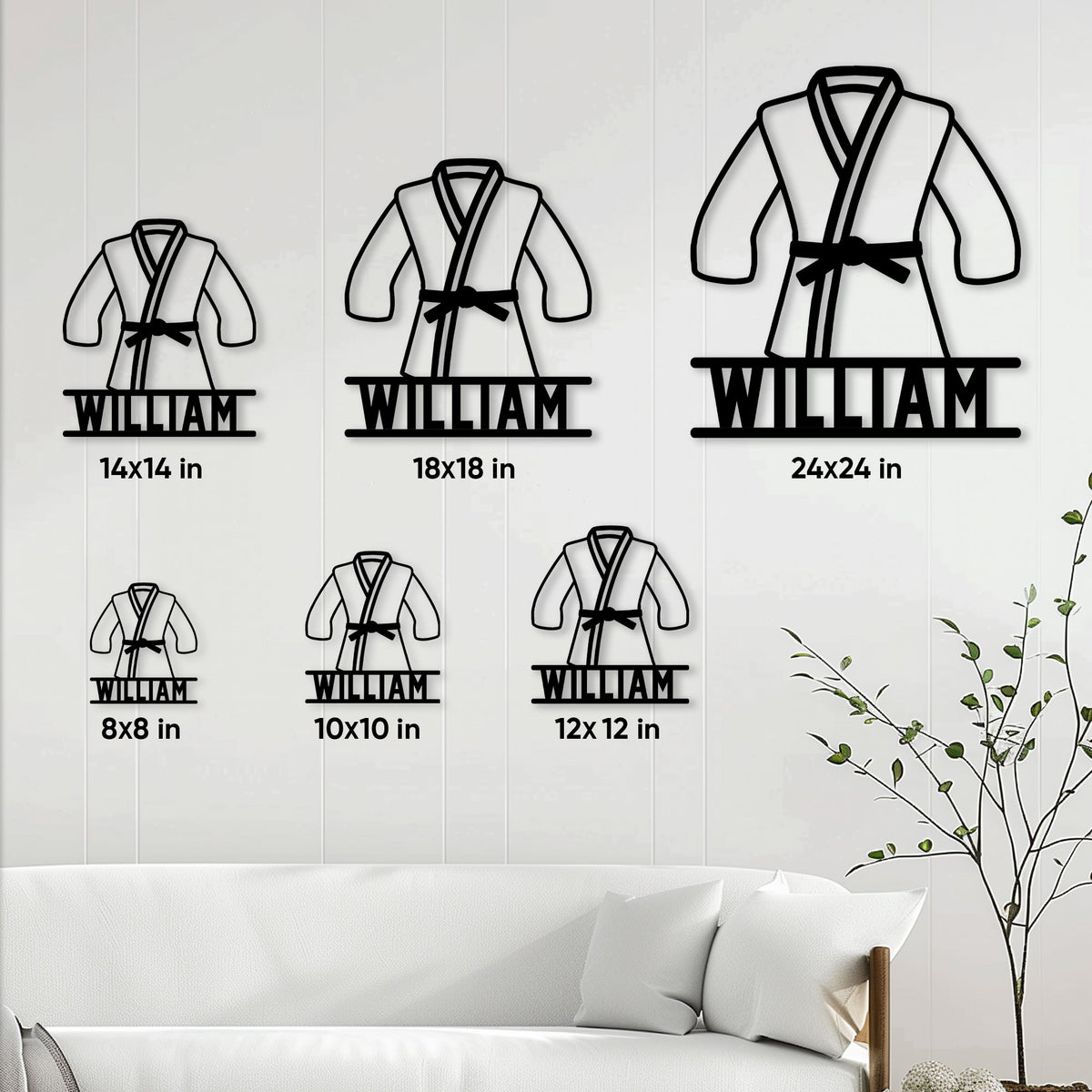 Brazilian jiu jitsu gi metal sign size guide showing multiple square size options