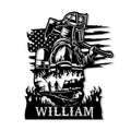 Custom firefighter metal sign featuring a helmeted firefighter, American flag, fire truck, axe, flames, and rescue scene