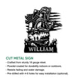 Firefighter cut metal sign shown with a bold American flag design and an infographic describing product features