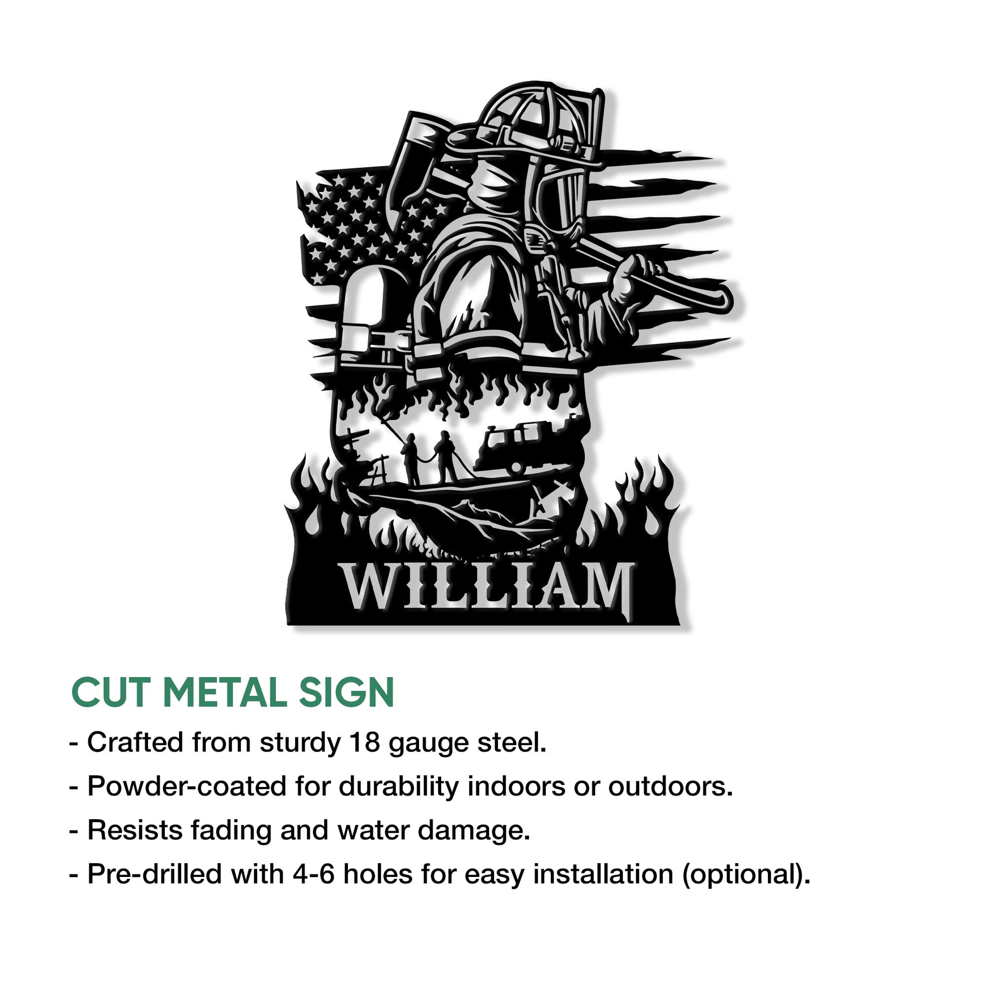 Firefighter cut metal sign shown with a bold American flag design and an infographic describing product features