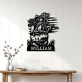 Firefighter metal wall sign displayed on a white paneled wall above a wood console table