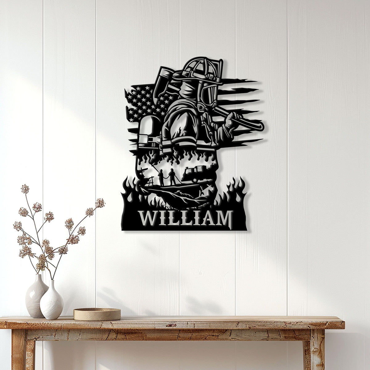 Firefighter metal wall sign displayed on a white paneled wall above a wood console table