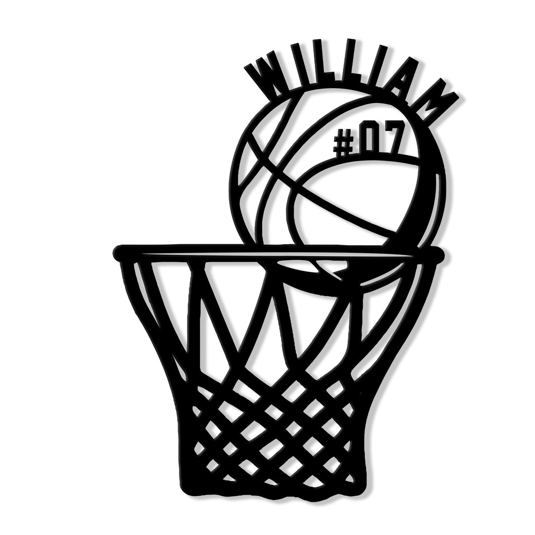 Custom basketball hoop metal sign with bold ball and net silhouette