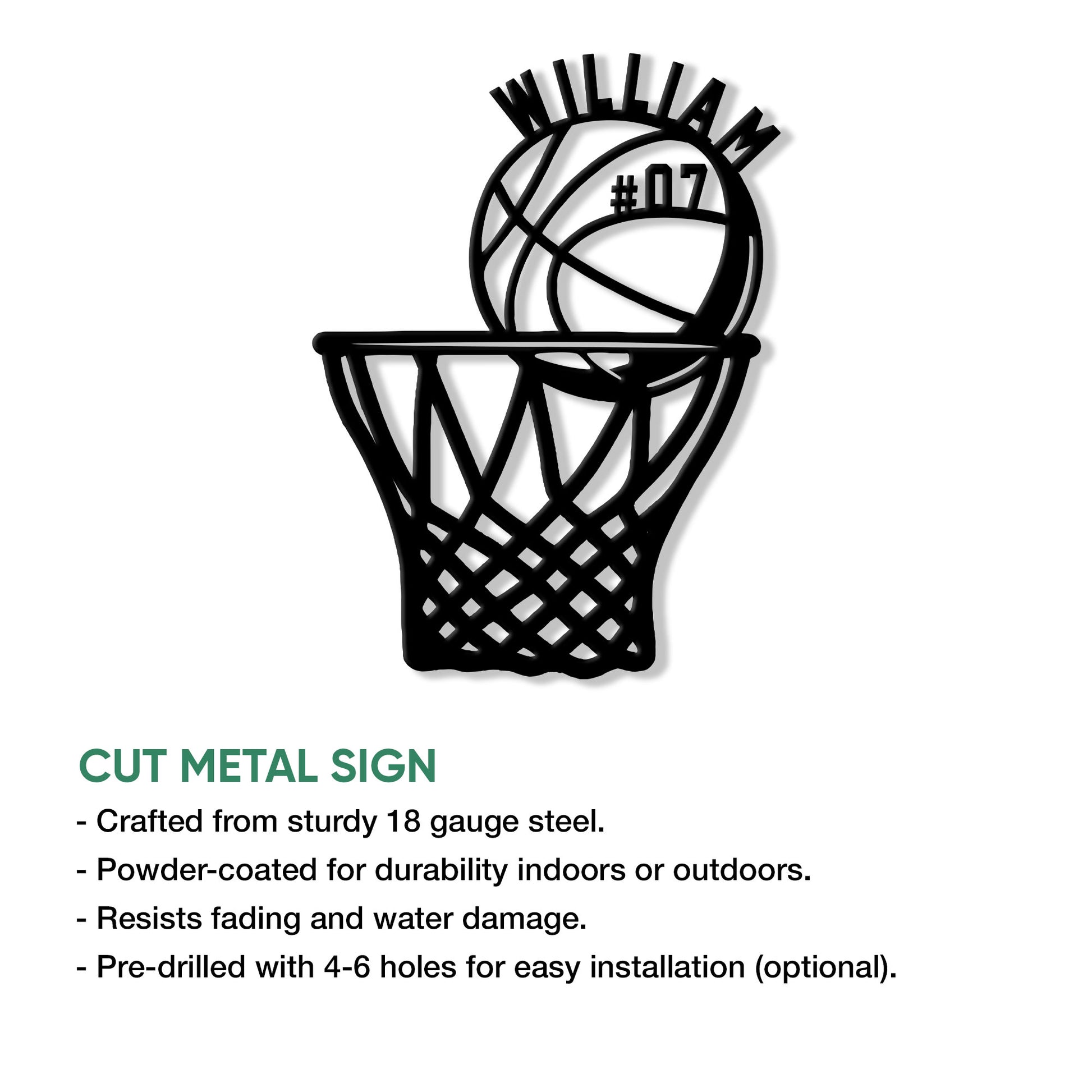 Basketball hoop metal sign shown with a bold cut-metal sports design
