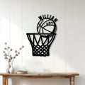 Basketball hoop wall sign displayed as athletic decor in a bright home interior