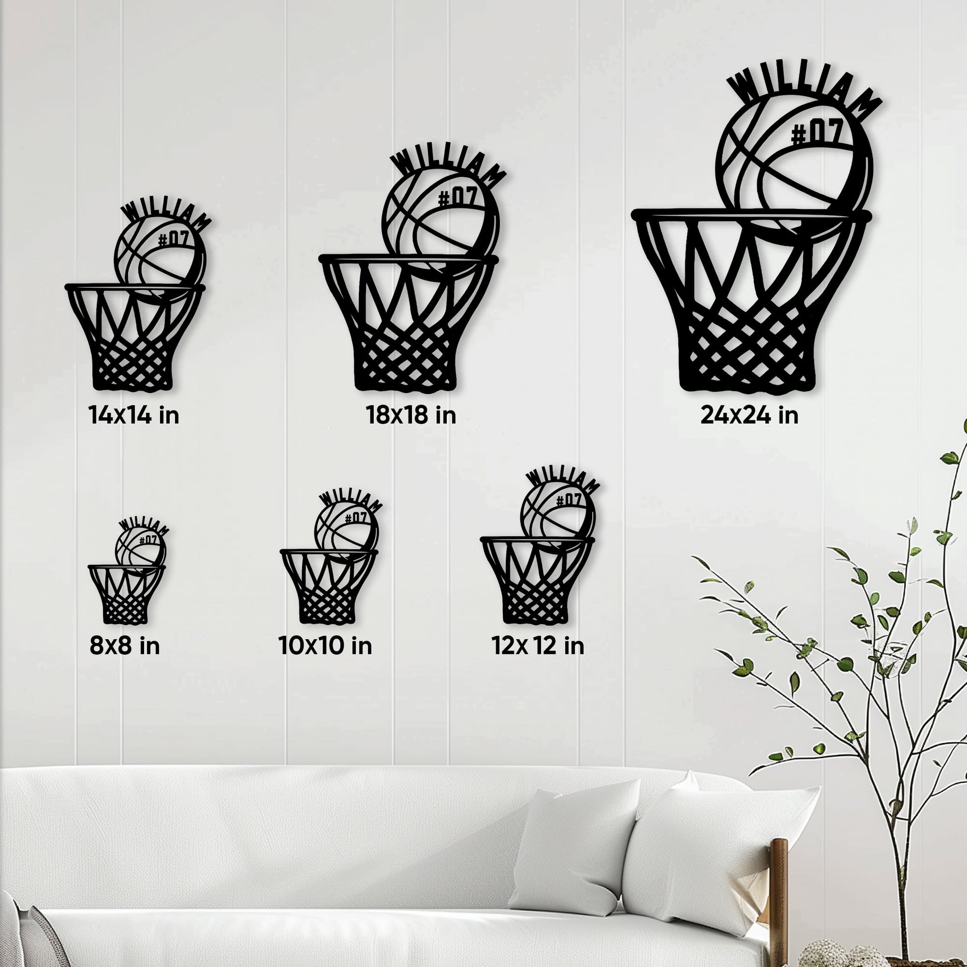Basketball hoop metal sign size guide showing six available square dimensions