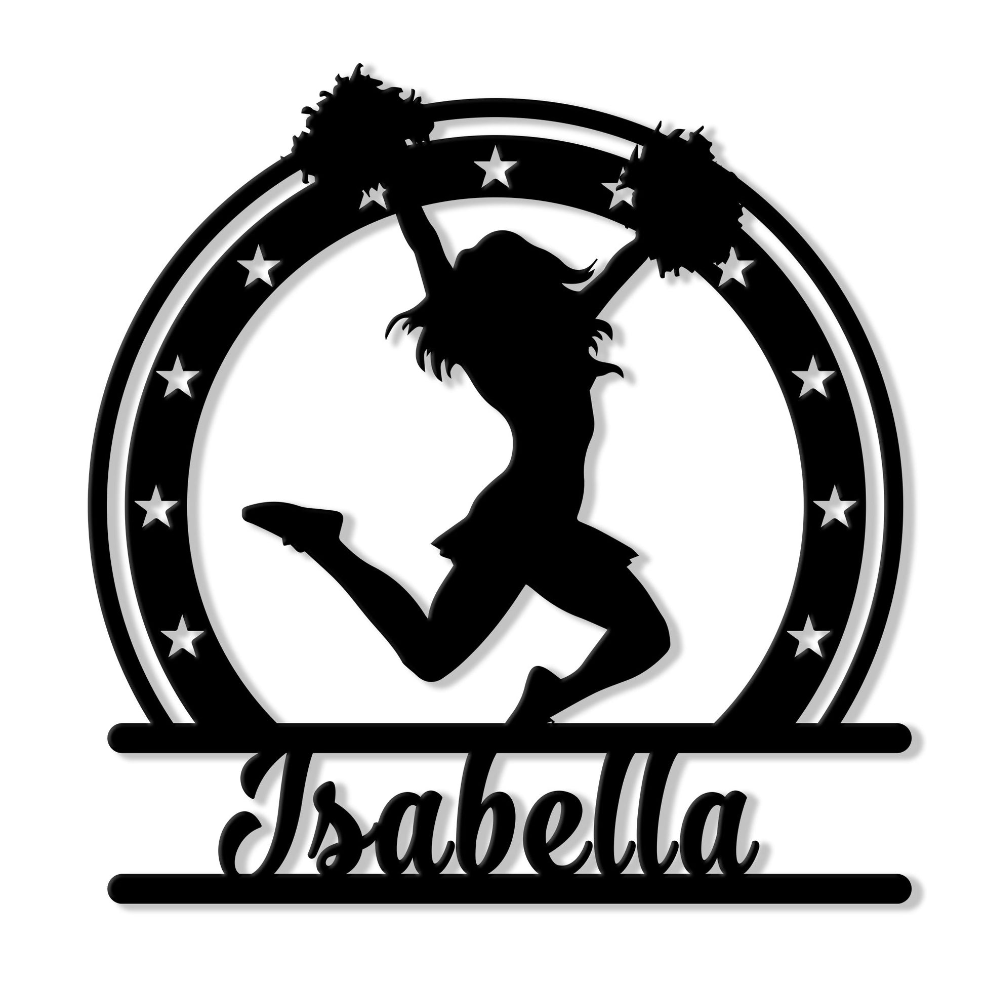Cheerleader silhouette metal sign with raised pom poms, stars, and a bold custom design