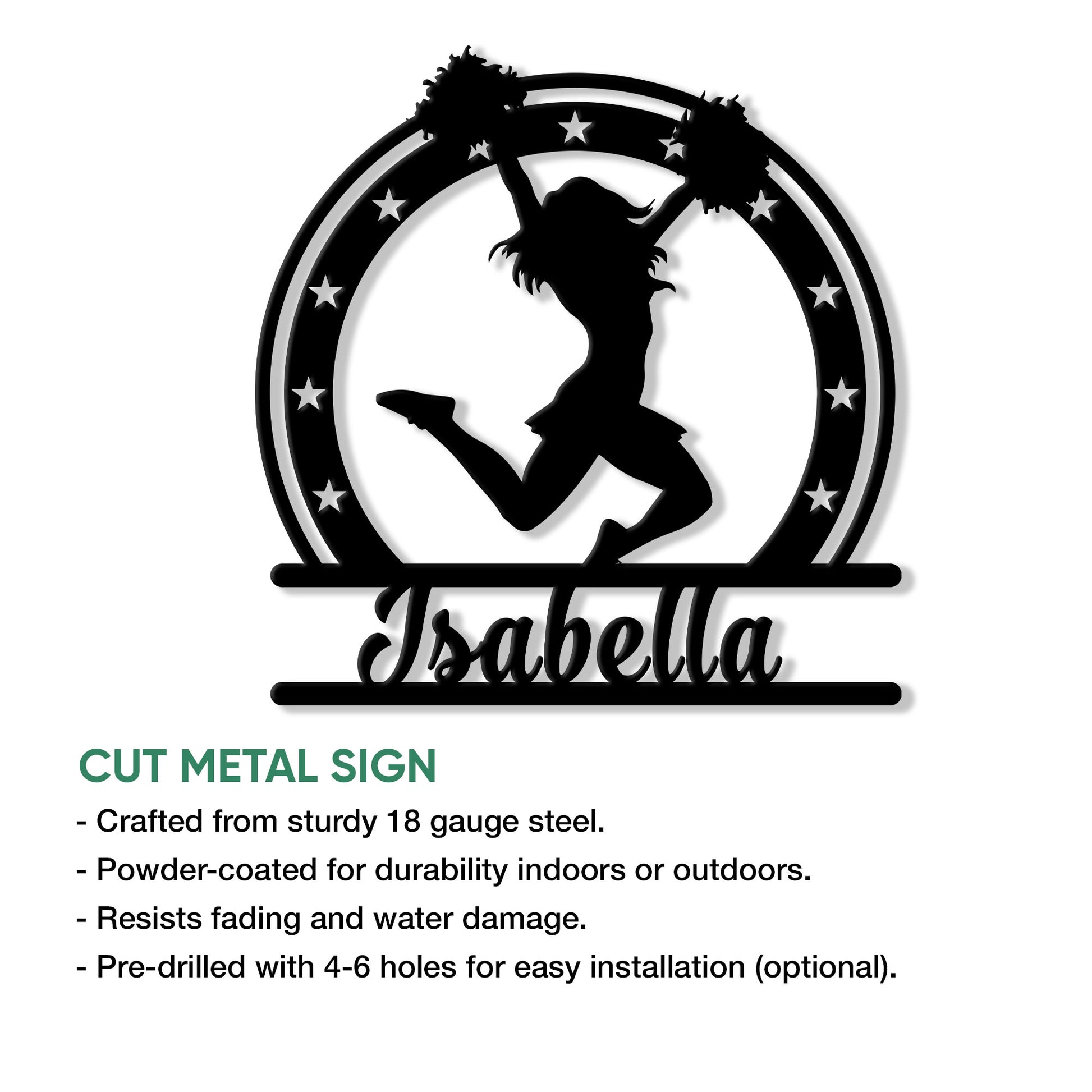 Cheerleading metal sign feature graphic showing a pom-pom silhouette and product presentation