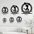 Cheerleading metal sign size guide showing multiple size options arranged on a living room wall
