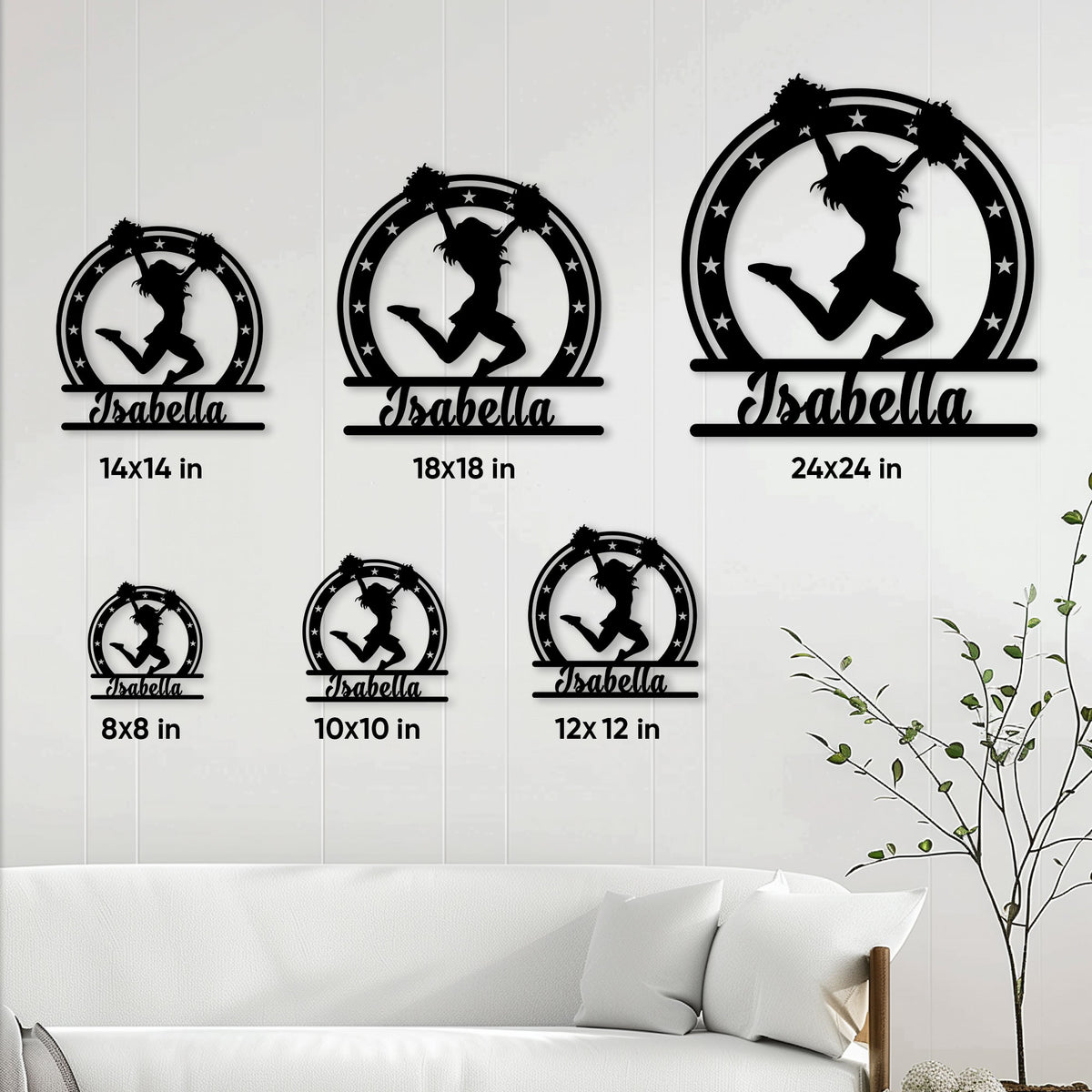 Cheerleading metal sign size guide showing multiple size options arranged on a living room wall