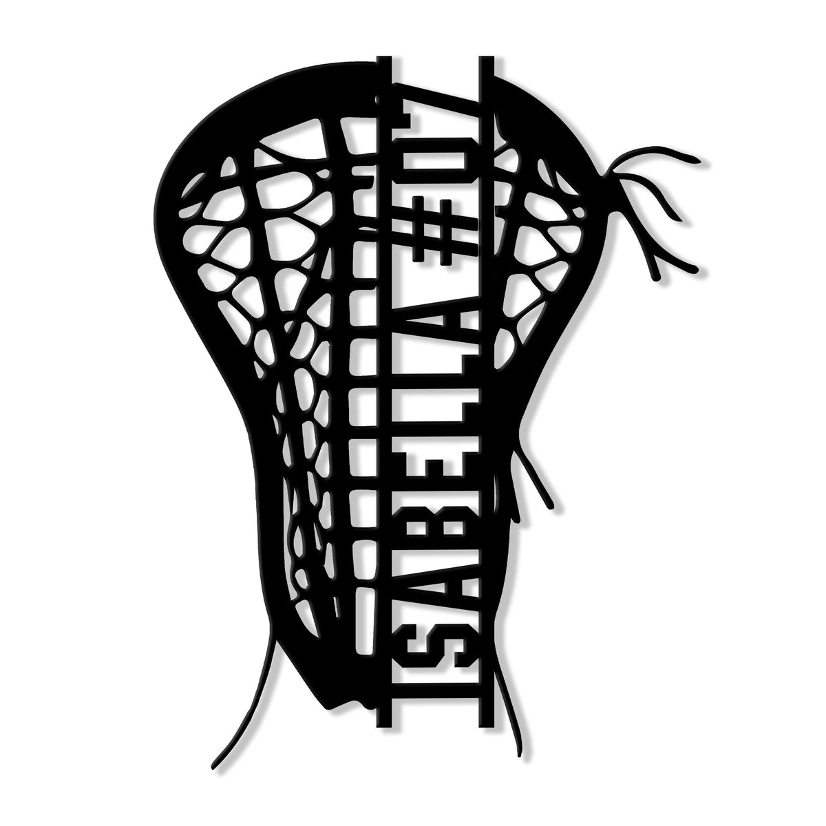 Black lacrosse metal sign featuring a detailed lacrosse stick head and net silhouette