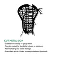 Lacrosse cut metal sign shown with a detailed stick head design and product feature information