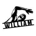 Black swimmer silhouette metal sign featuring a freestyle stroke and bold personalized-style lettering