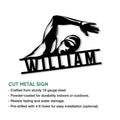 Freestyle swimmer metal sign shown with a cut-metal design and indoor or outdoor display details