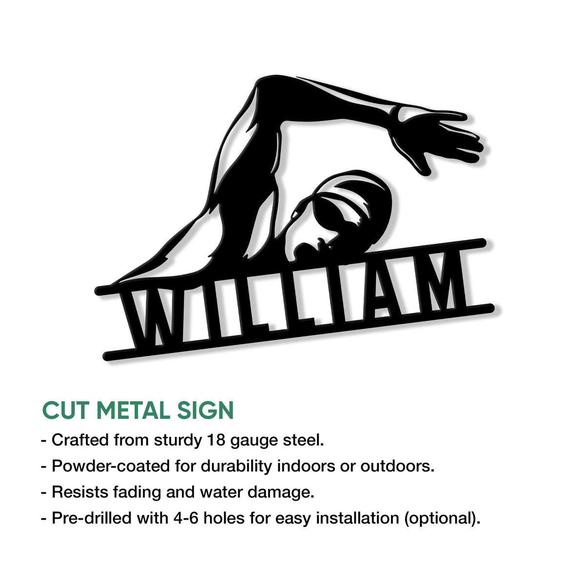 Freestyle swimmer metal sign shown with a cut-metal design and indoor or outdoor display details