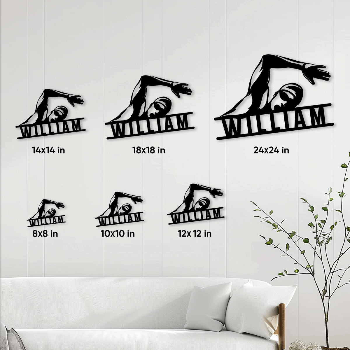 Swimming metal sign size guide showing available square sizes from 8 by 8 to 24 by 24 inches