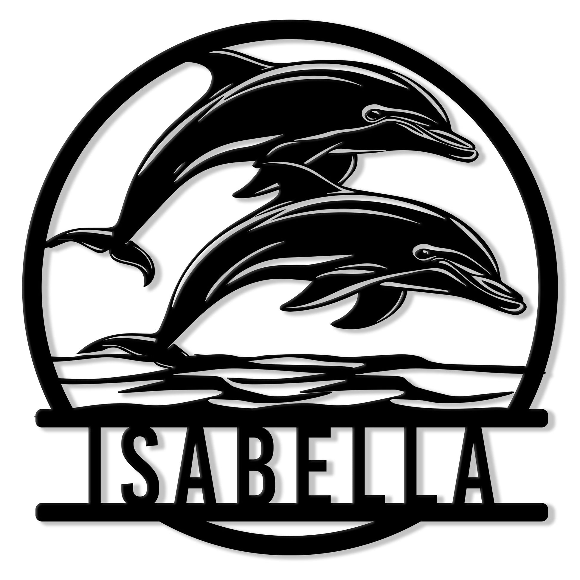 Circular dolphin metal sign featuring two dolphins leaping above stylized ocean waves