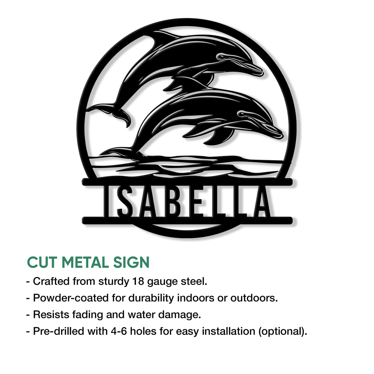 Dolphin wall sign shown with cut metal sign features and an ocean-inspired design