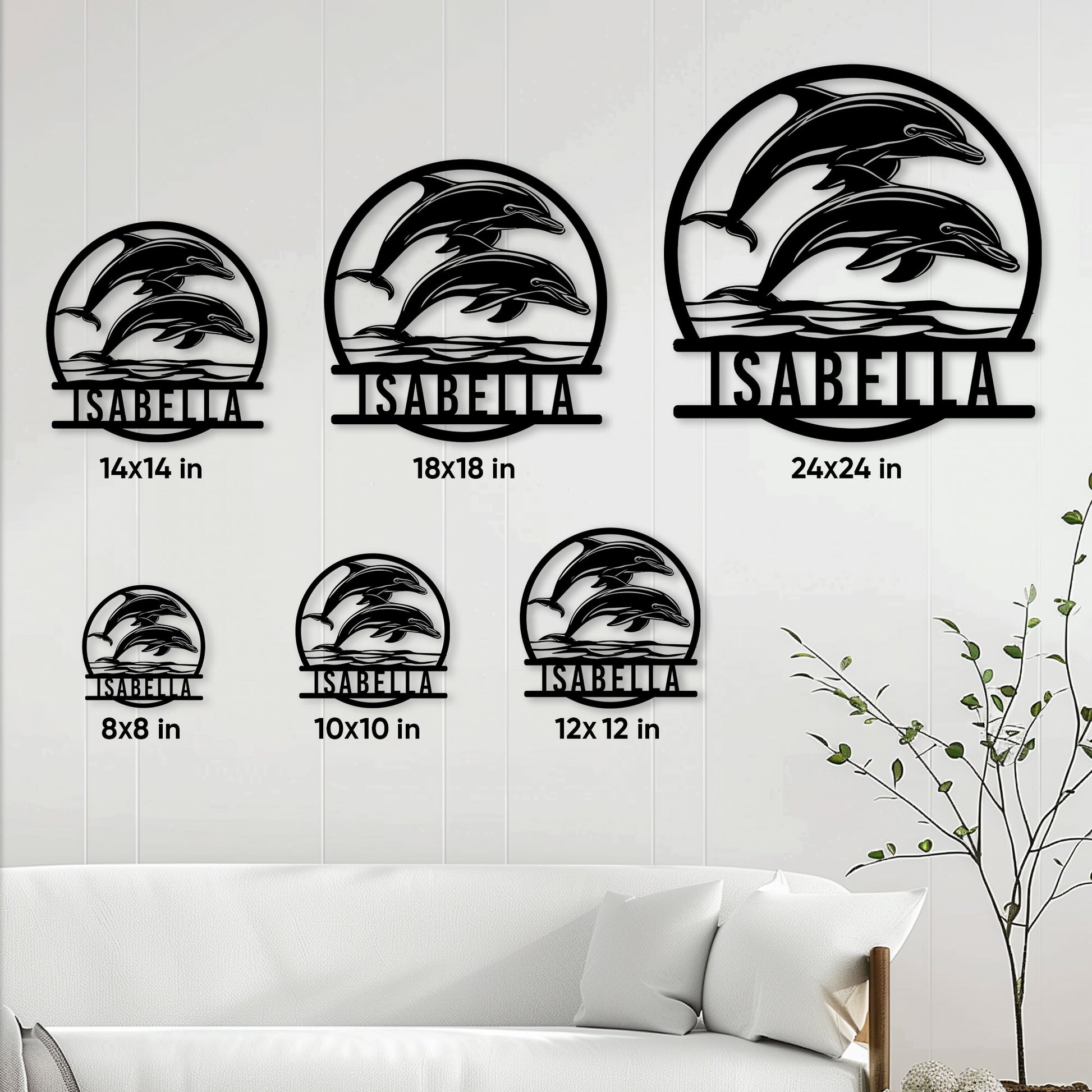 Dolphin metal sign size guide showing options from 8 by 8 to 24 by 24 inches