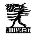 Custom baseball player metal sign featuring a batter silhouette over a patriotic flag design