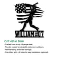 Baseball player cut metal sign shown with a patriotic flag silhouette and product feature details