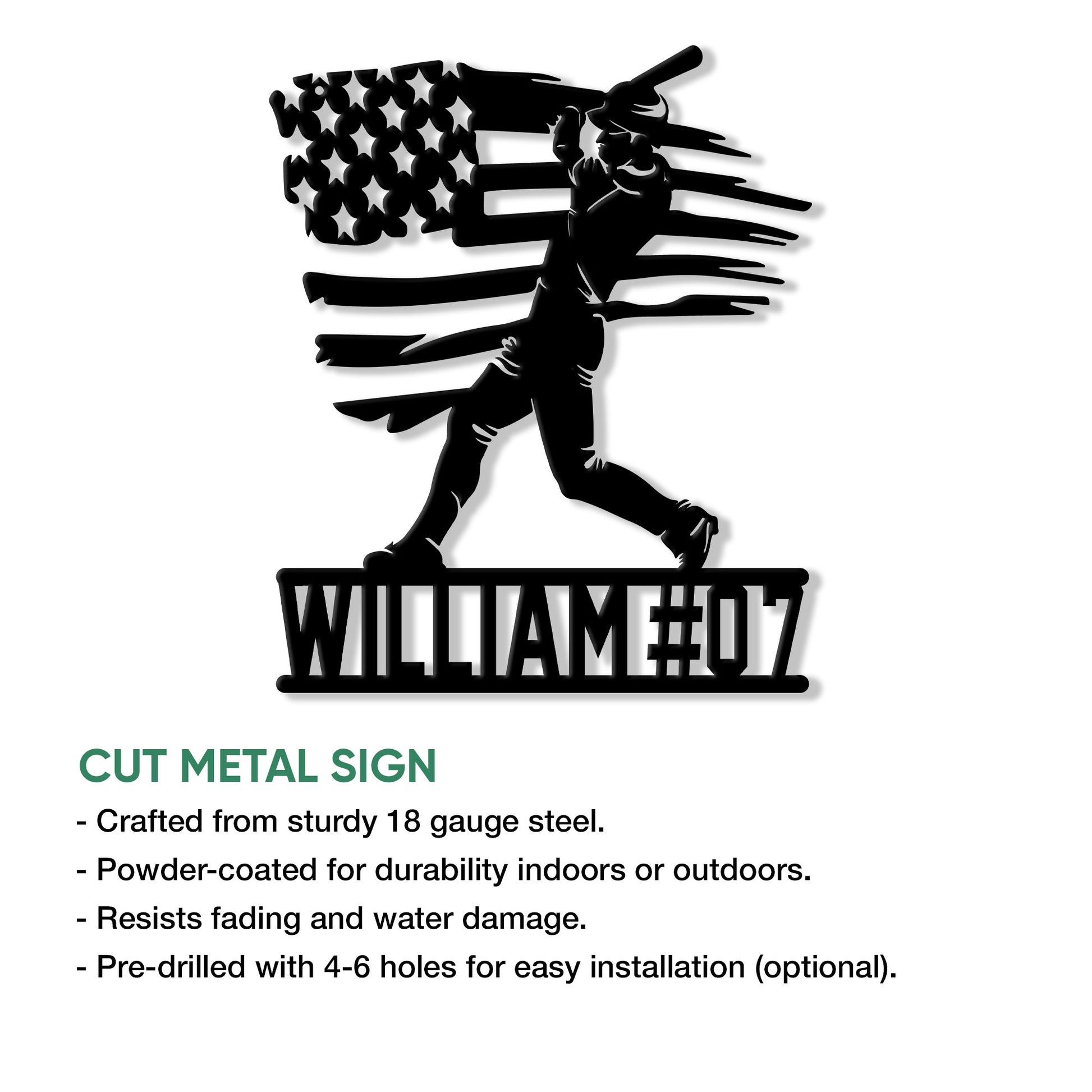Baseball player cut metal sign shown with a patriotic flag silhouette and product feature details