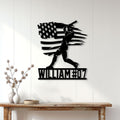 Patriotic baseball player metal sign displayed as bold wall decor in a bright home interior