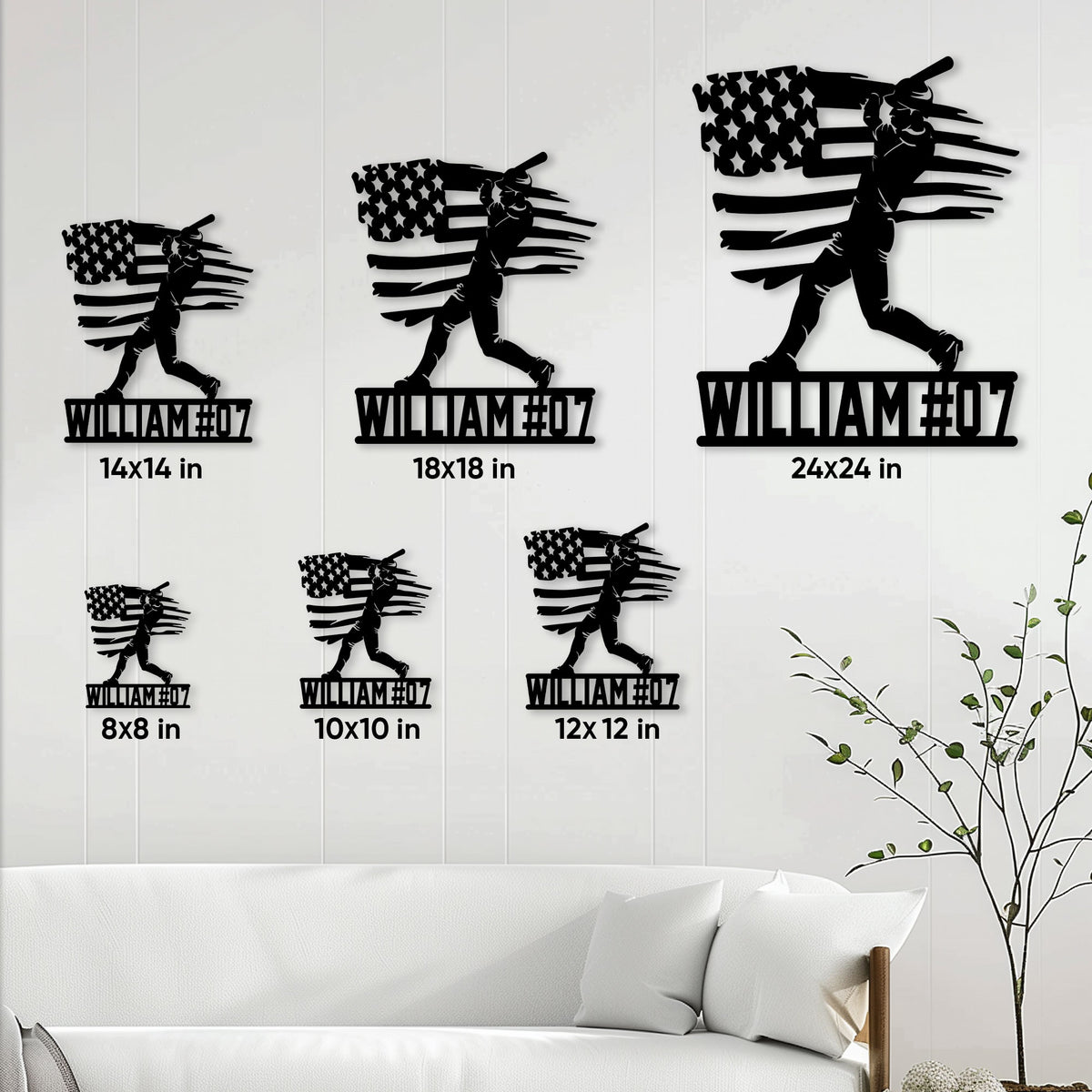 Baseball player metal sign size guide showing multiple square size options on a wall