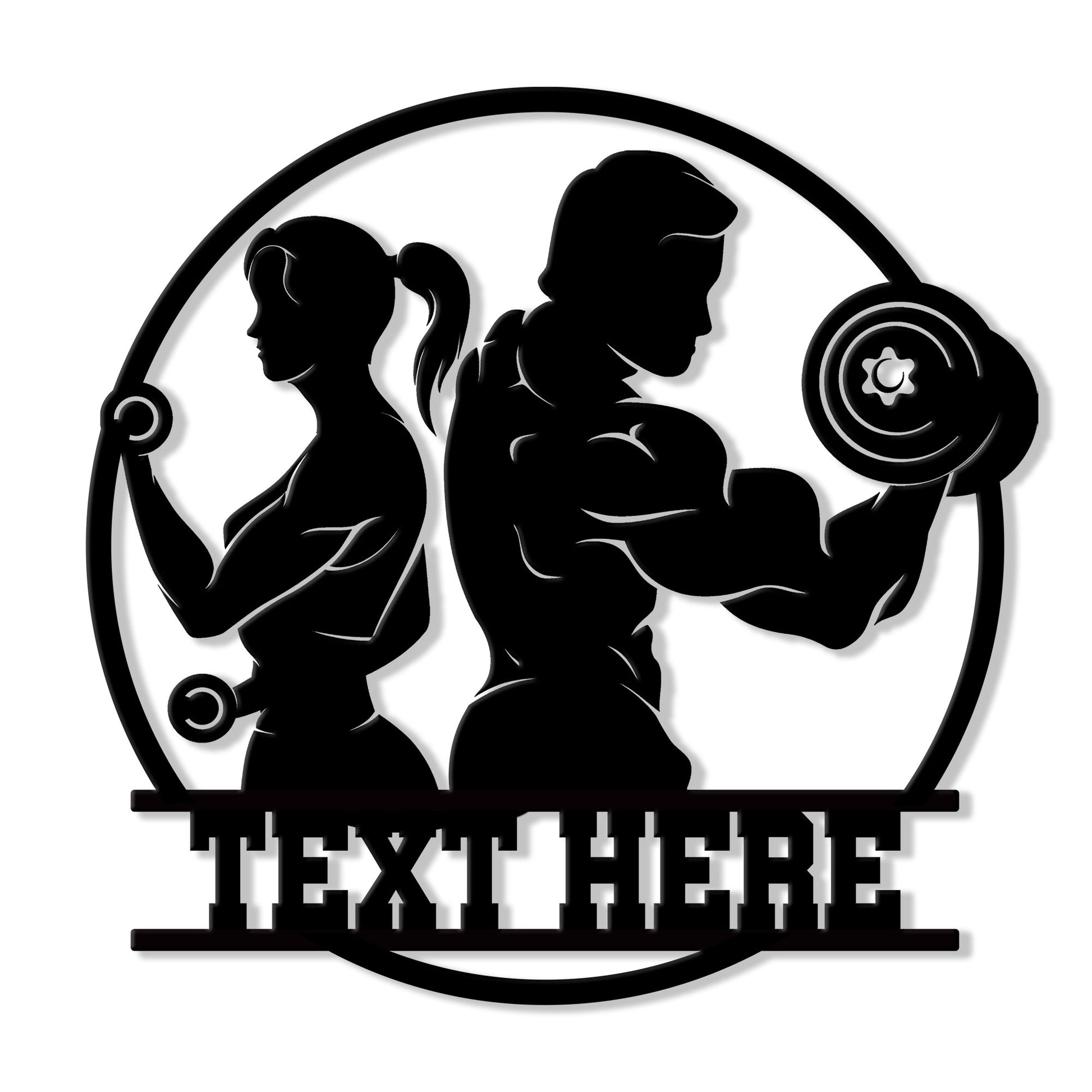 Custom gym metal sign featuring athletic silhouettes lifting weights inside a bold circular design