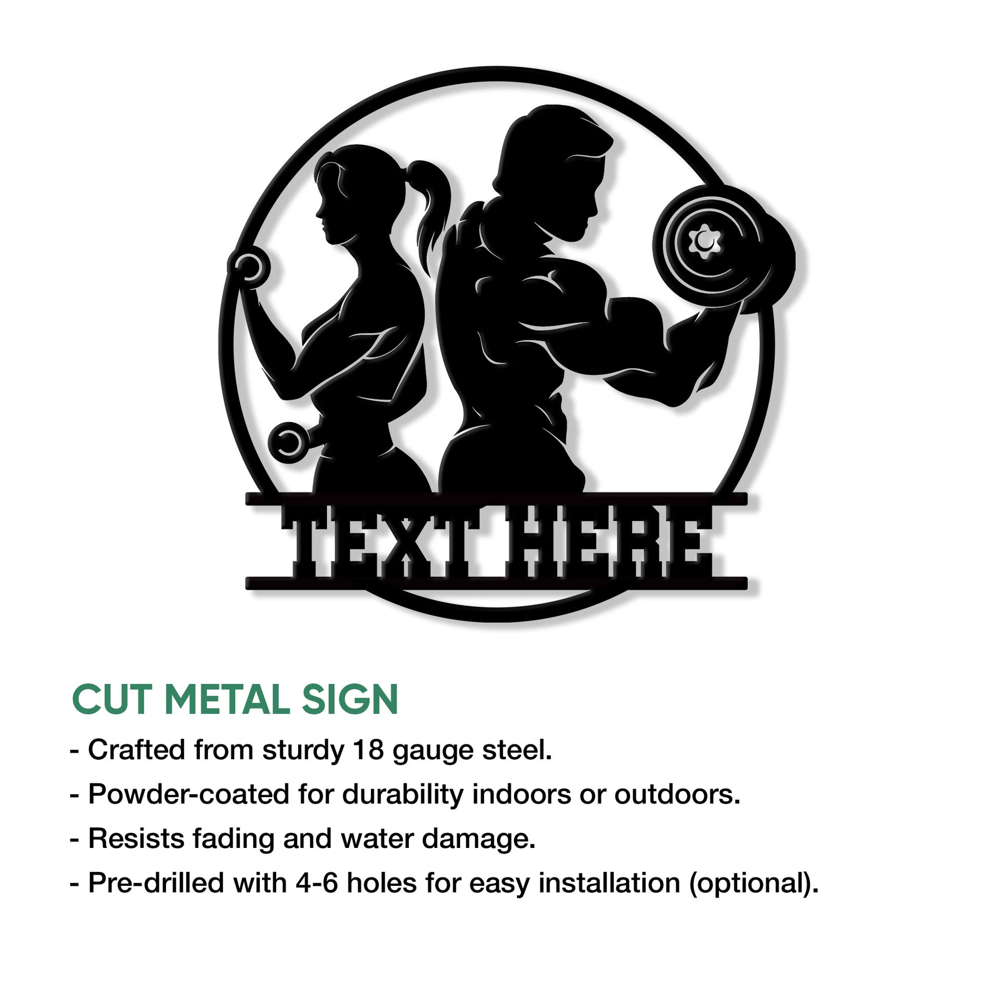 Black fitness wall sign showcasing a woman and man strength training with weights