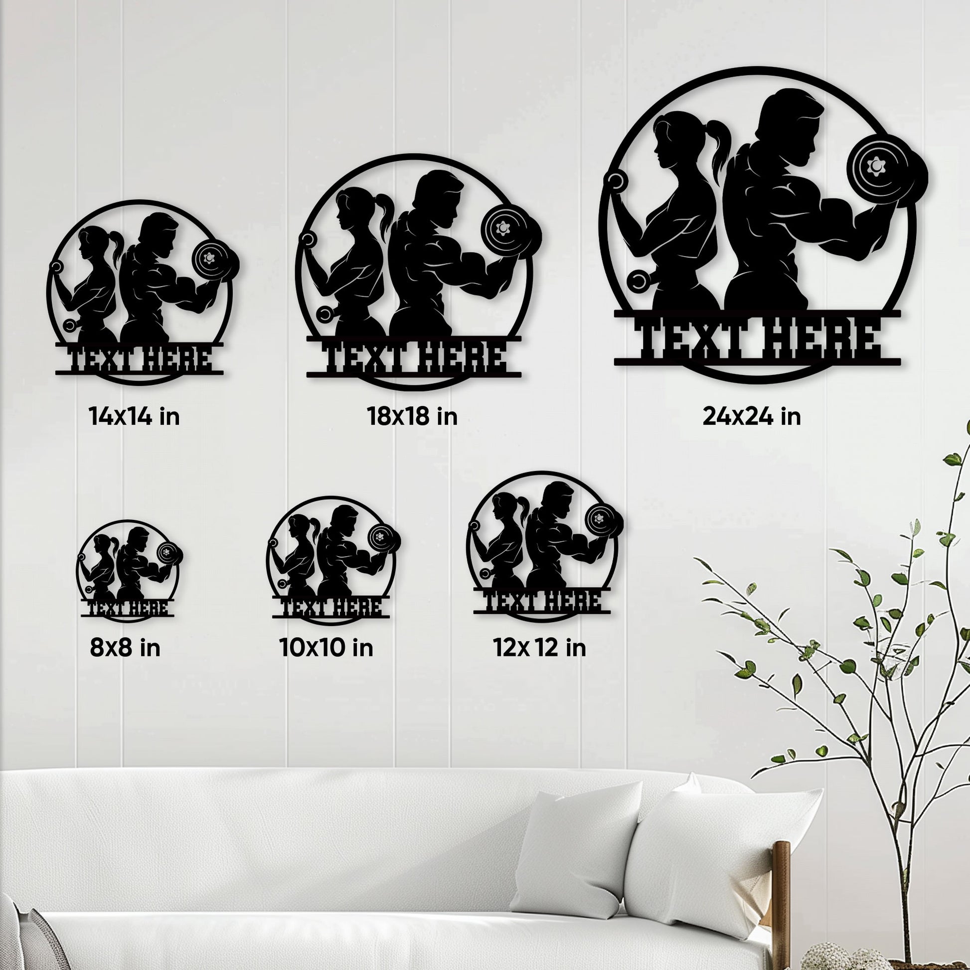 Gym metal sign size guide showing 8, 10, 12, 14, 18, and 24 inch options