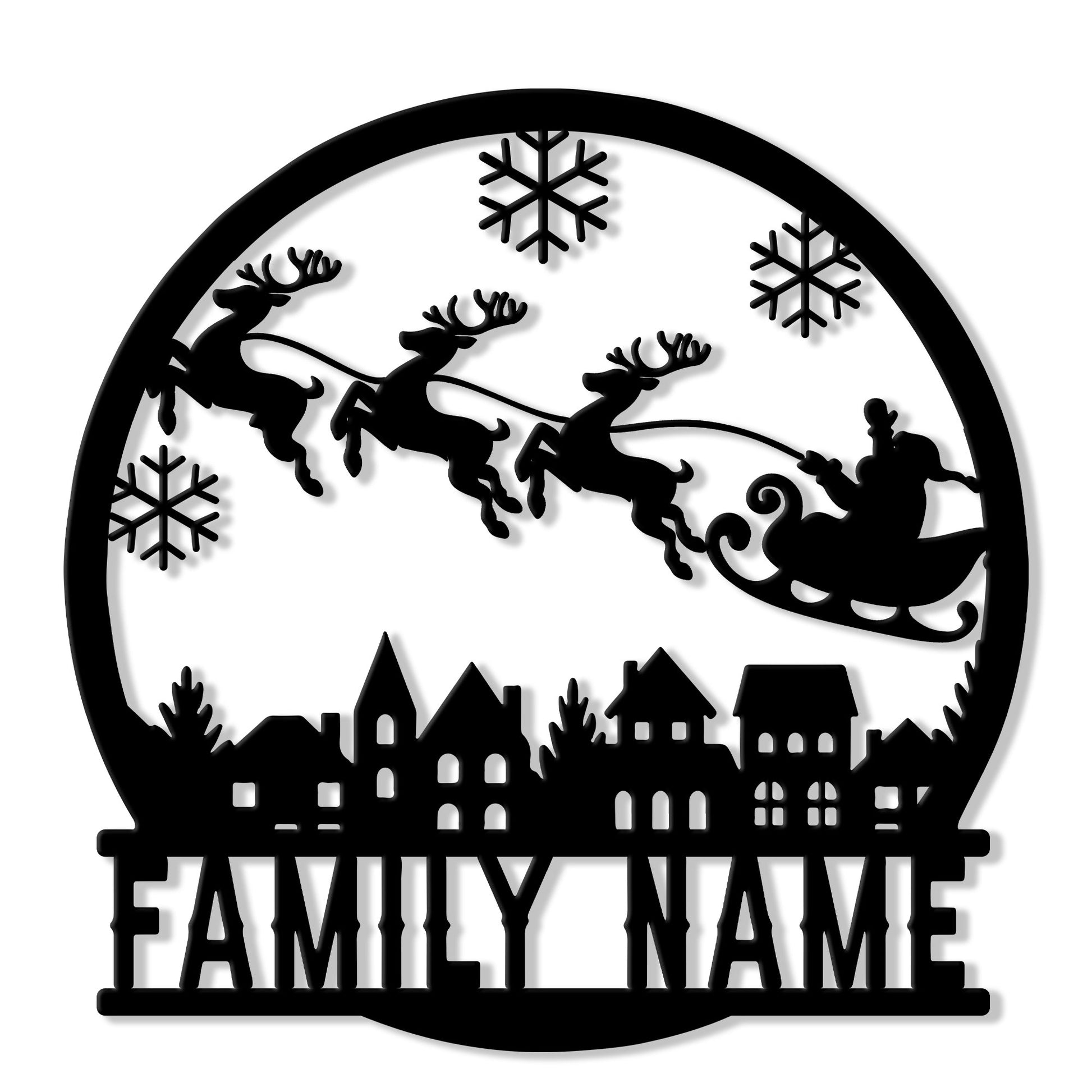 Christmas metal sign with Santa's sleigh, reindeer, snowflakes, and a winter village silhouette