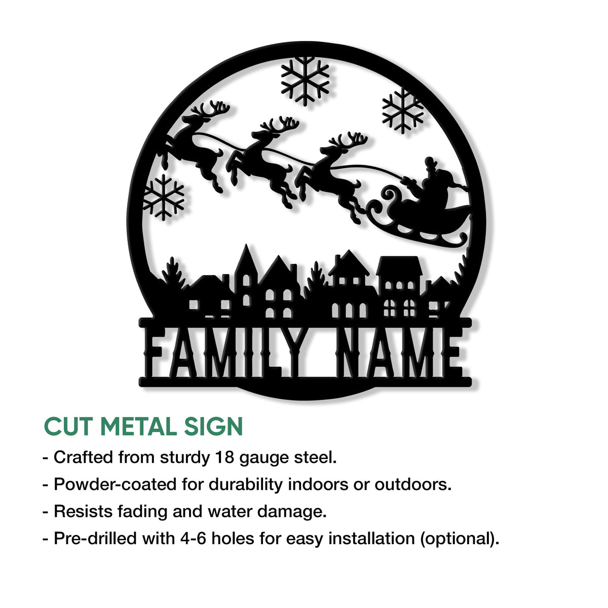 Custom Christmas family metal sign shown with cut metal sign features and a Santa sleigh design