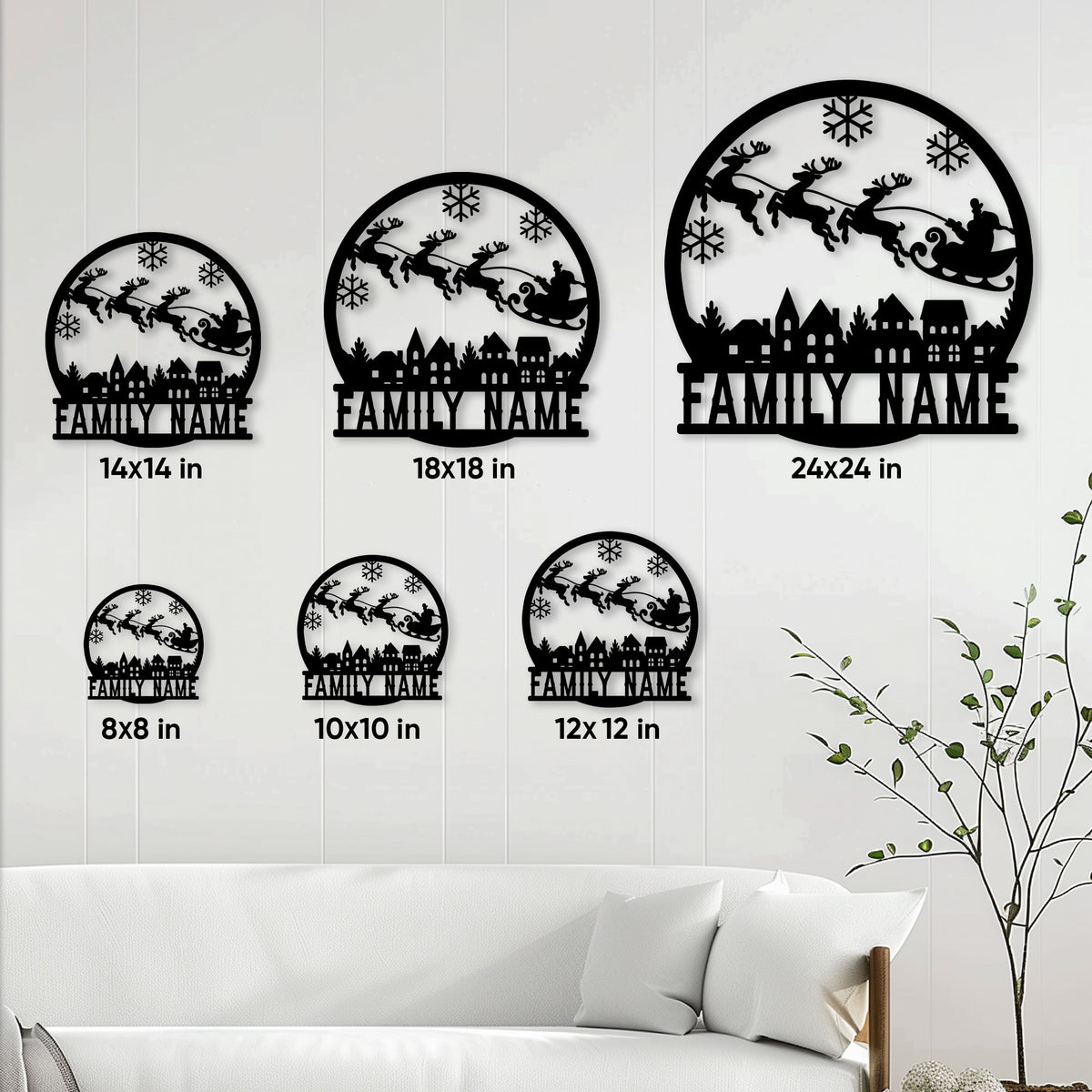 Christmas family metal sign size guide showing 8, 10, 12, 14, 18, and 24 inch options